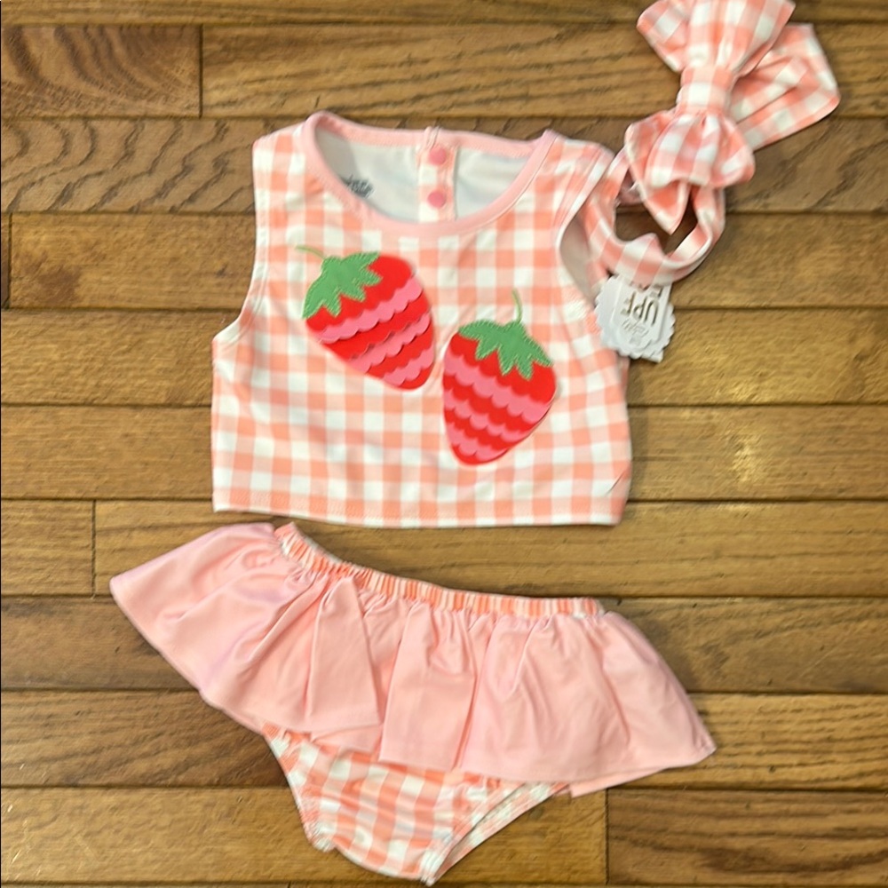 MudPie baby Pink Gingham Strawberry swim suit set